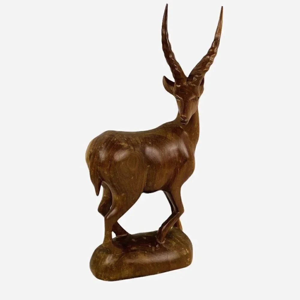 Vintage MCM Carved Natural Wood Gazelle Statue 15" African Folk Art Minimalist